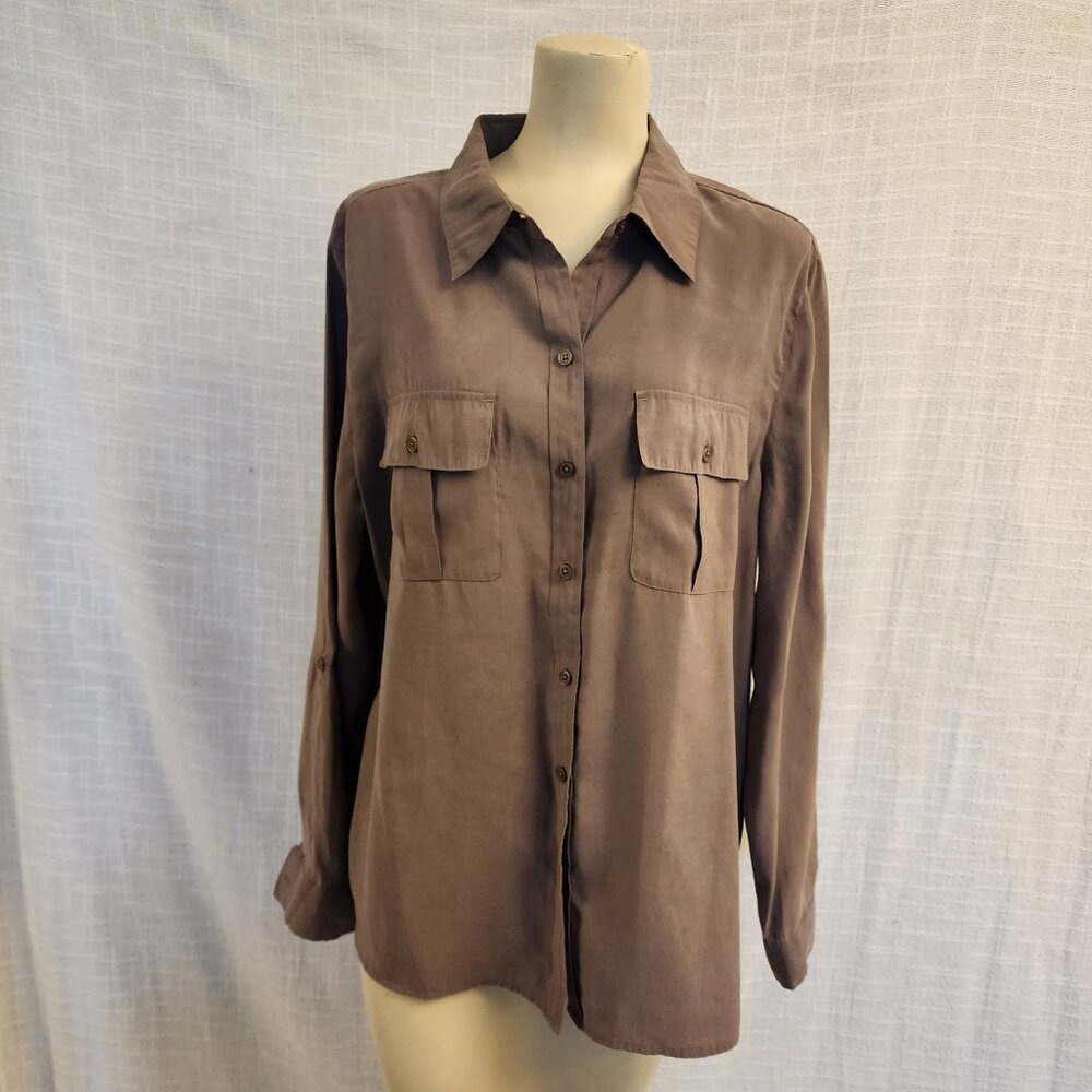 Chico W Size 3 (XL) Taupe Solid Brushed Modal Buttoned Blouse A254